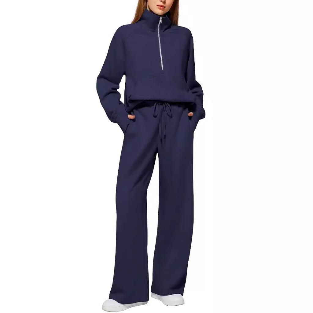 Women 2 Pcs/Set Coat Pants Set Stand Collar Long Sleeve Zip-up Elastic Cuff Jacket Drawstring Stretchy High Waist Wide Leg Trousers Sport Tracksuit