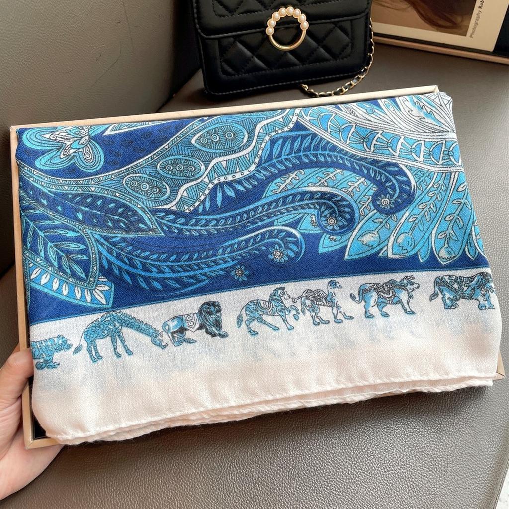 Blue Retro 130 Square Scarf Summer Air-Conditioned Room Shawl Sunscreen Silk Scarf Spring And Autumn Linen Scarf