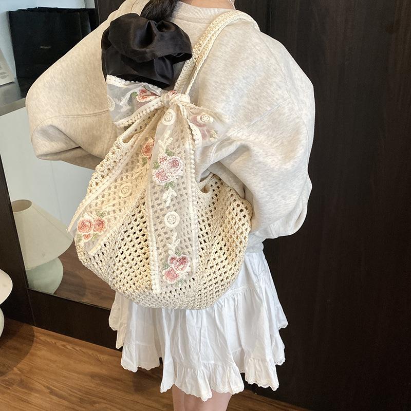Solid Crochet Tote Handbag Summer Beach Bag Fashi Women's Mesh Woven Shoulder Bags Large Capacity Knitting Underarm Bag