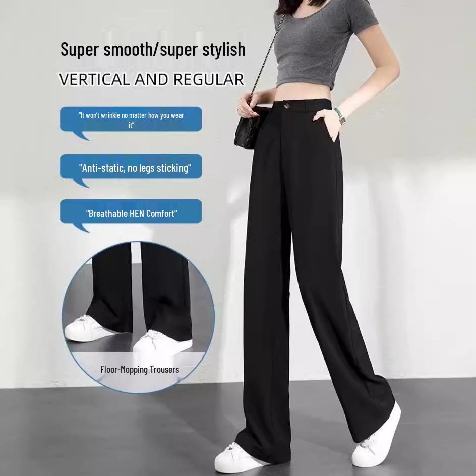 Ice Silk Black Wide-Leg High-Waist Women's Spring/Summer Pants - Slim, Loose, Casual Straight Trousers.