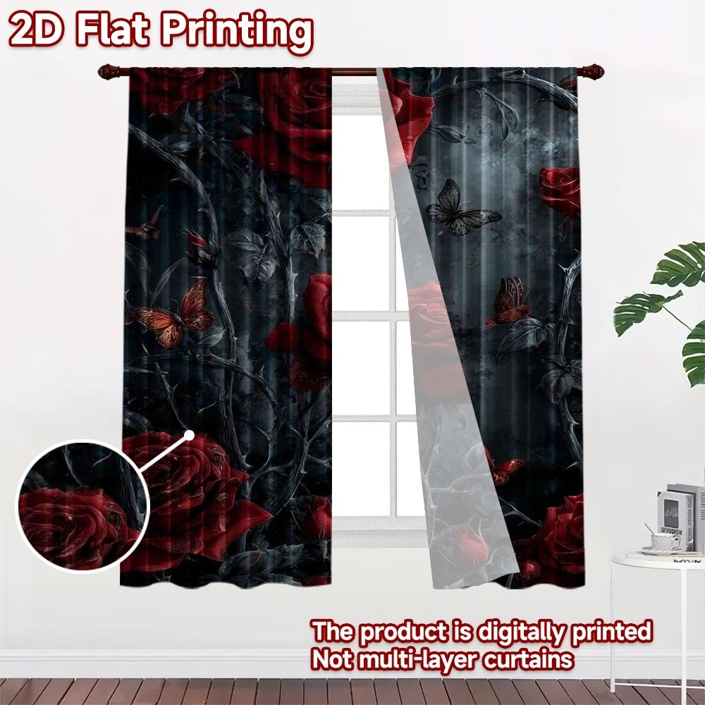 2D Flat Printing 2pcs Curtain Curtain Romantic Red Roses and Butterflies Digital Printed Polyester Drapes Seasonal Party &