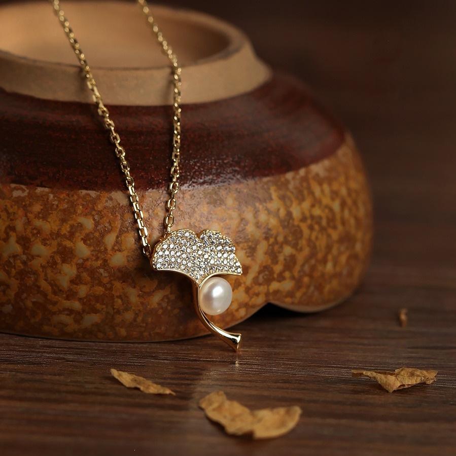 Apricot Ginkgo Leaf Pearl Necklace: 14K Gold Plated s925 Sterling Silver Clavicle Chain - Perfect Best Friend Gift. Gold 45cm Adjustable