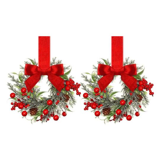 Mini vánoční věnec s červenou sametovou mašlí Dekorace na dvířka skříňky pro kuchyňské okno Selský dům Vchodové dveře Zeď Krb Bobulová girlanda