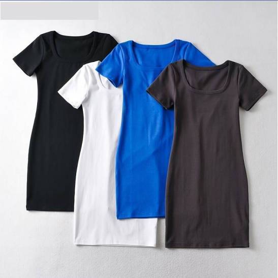 2026 New Spice Girl Tight Solid Color U-neck Short-sleeved Dress for Women's Fashion and Thin Close-fitting Hip-wrapped Short Skirt