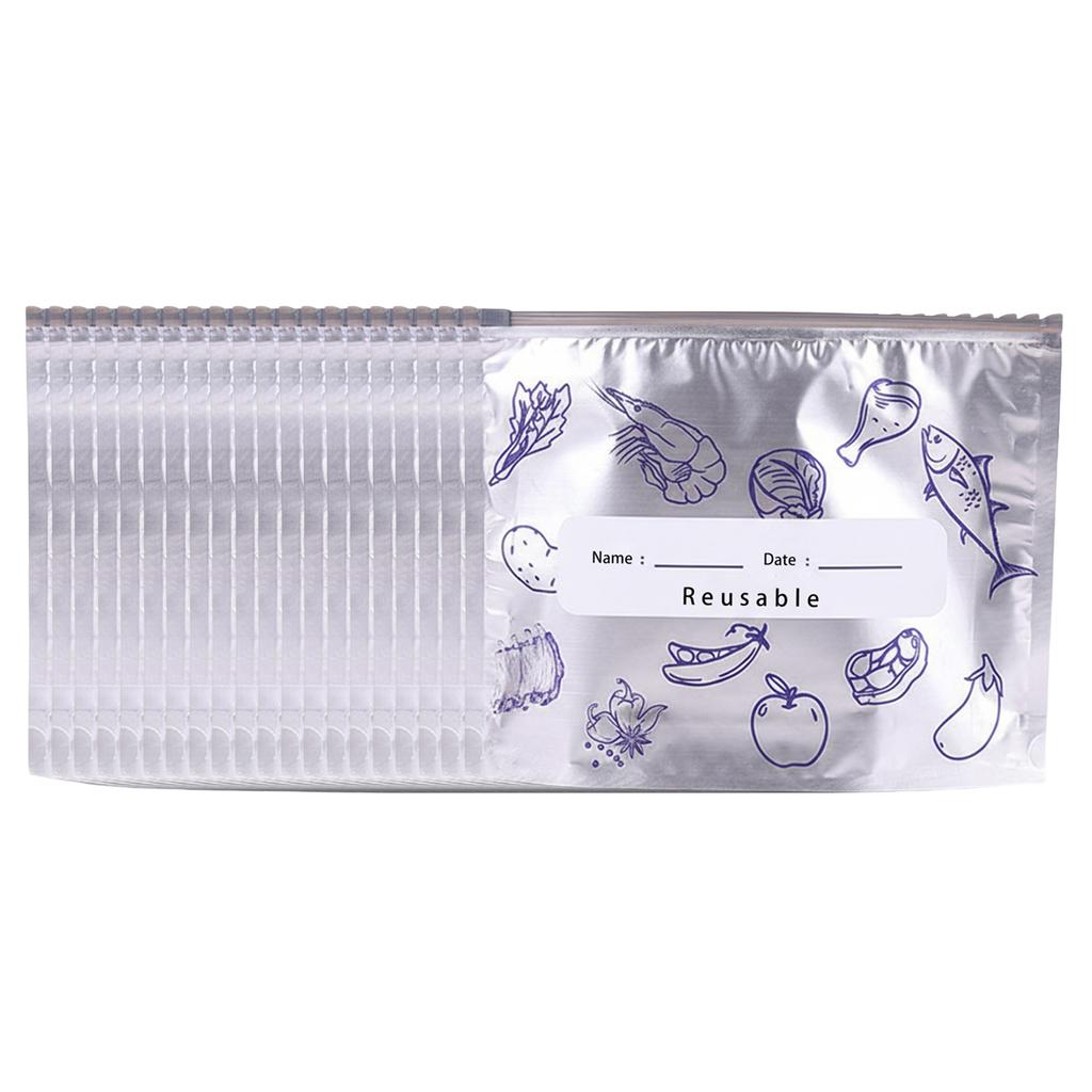 Reusable Aluminum Foil Vacuum Zipper Pouches with Label Freezer Safe & Leak Proof Stand Up Storage Bags for Vegetable Fruit Meat