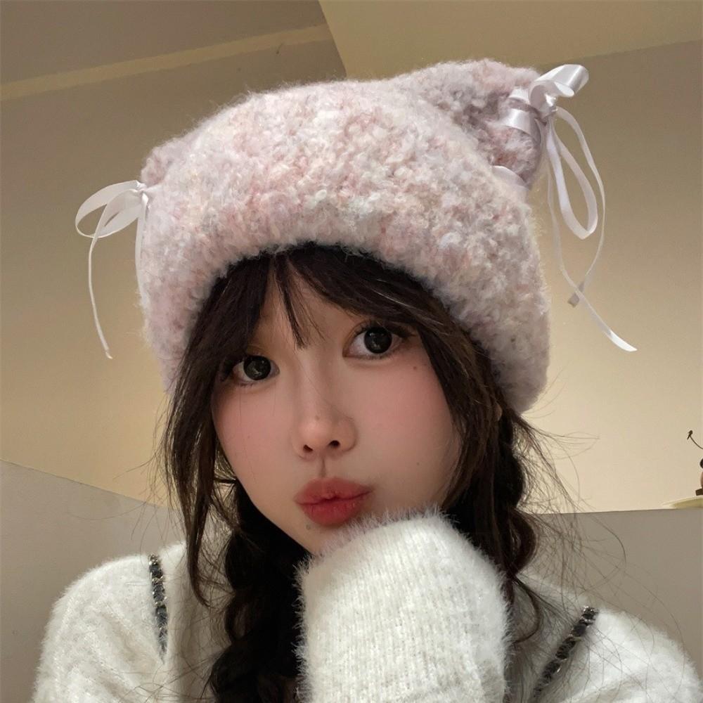 

Thickened Warm Cat Ear Beanie Windproof Knitted Beanie Cute Plush Beanie for Women Girl розовый