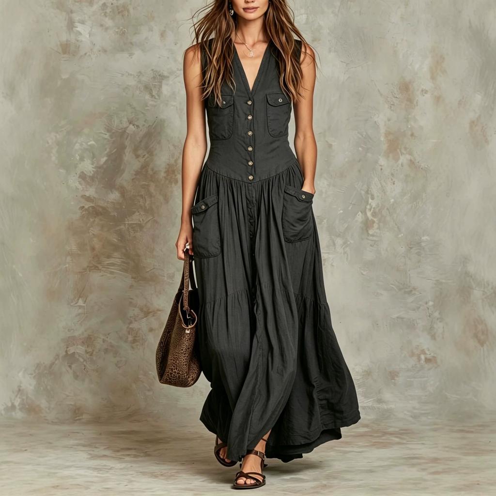 Summer loose sleeveless casual button pocket waist thin V-neck retro dress