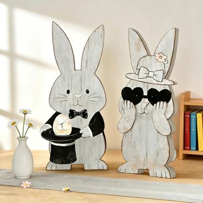 2 Pezzi Decorazione Coniglietto di Pasqua Stile Rustico Fattoria Coppia di Conigli Segnaletica da Tavolo Casa Ufficio Festa di Pasqua Centrotavola Ornamento