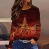 Women's Fashion Casual Slit Hem Round Neck Long Sleeve Loose Christmas Printed T-Shirt Ladies Top