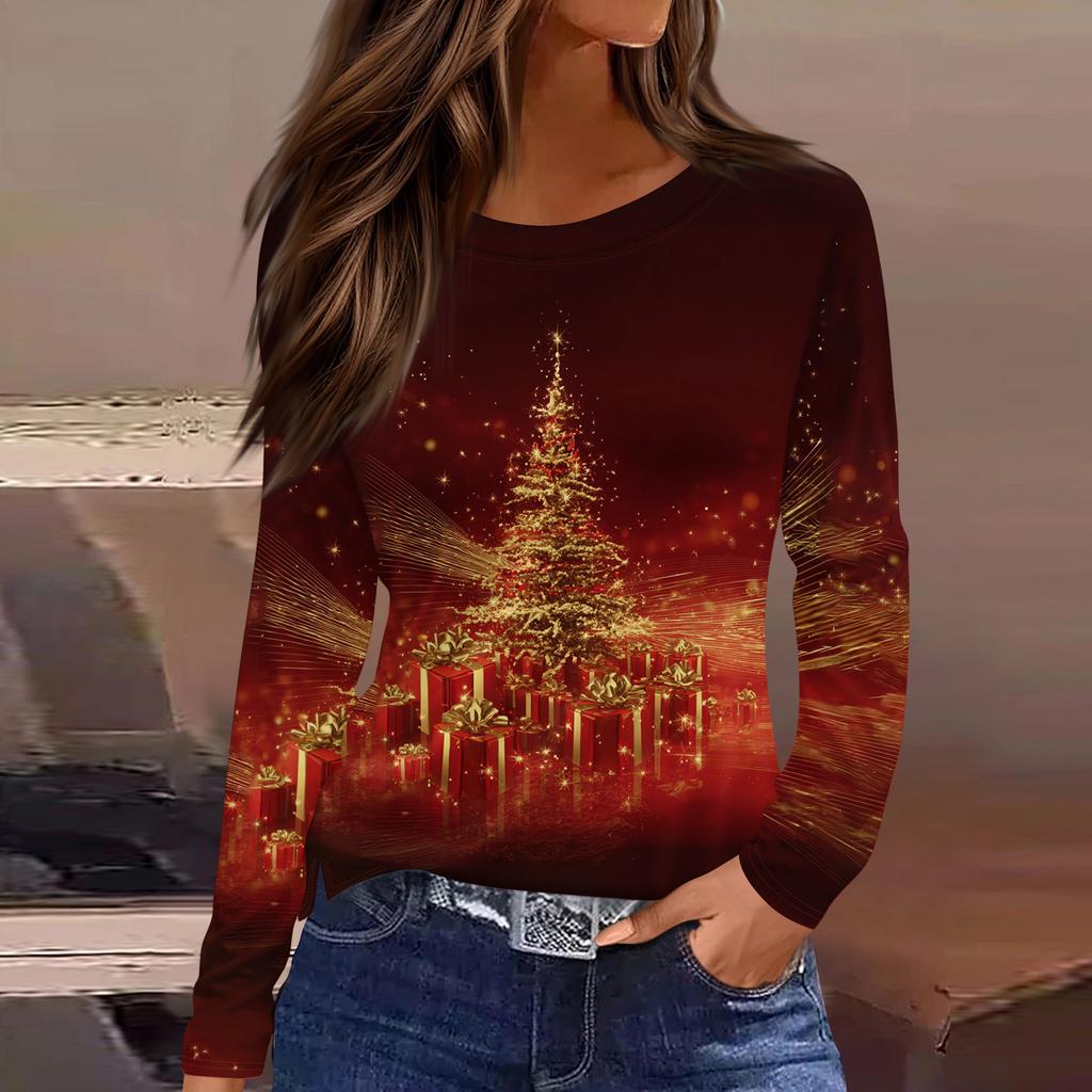 Women's Fashion Casual Slit Hem Round Neck Long Sleeve Loose Christmas Printed T-Shirt Ladies Top