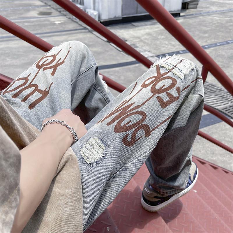 Men's Summer Ripped Ink-Print Harajuku Jeans - Straight Leg Trendy Pants