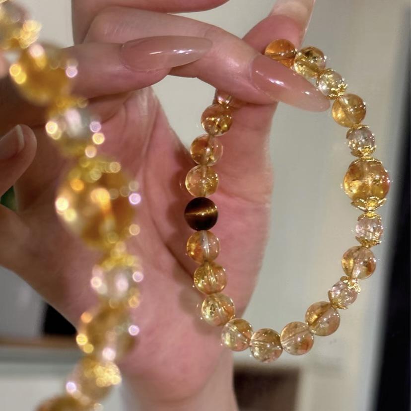 Elegant Yellow Golden Rutilated Quartz  Tiger Eye Bracelet with Topaz - Xiaohongshu Style