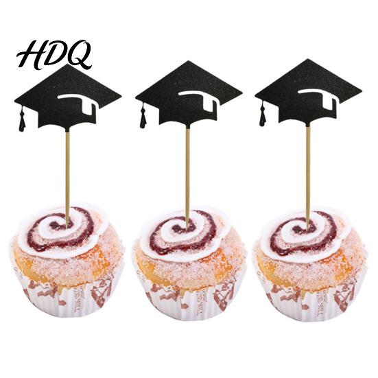 Black Glitter Cake Topper 6 Pcs Graduation Toppers Mini Grad Cap Cupcake