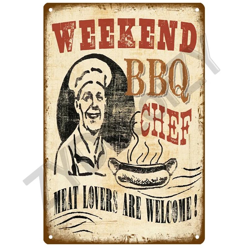 Retro BBQ Tin Sign - Vintage Wall Posters & Metal Decor - Decorative Wall Plate for Kitchens, Patios & Barbecue Themed Spaces