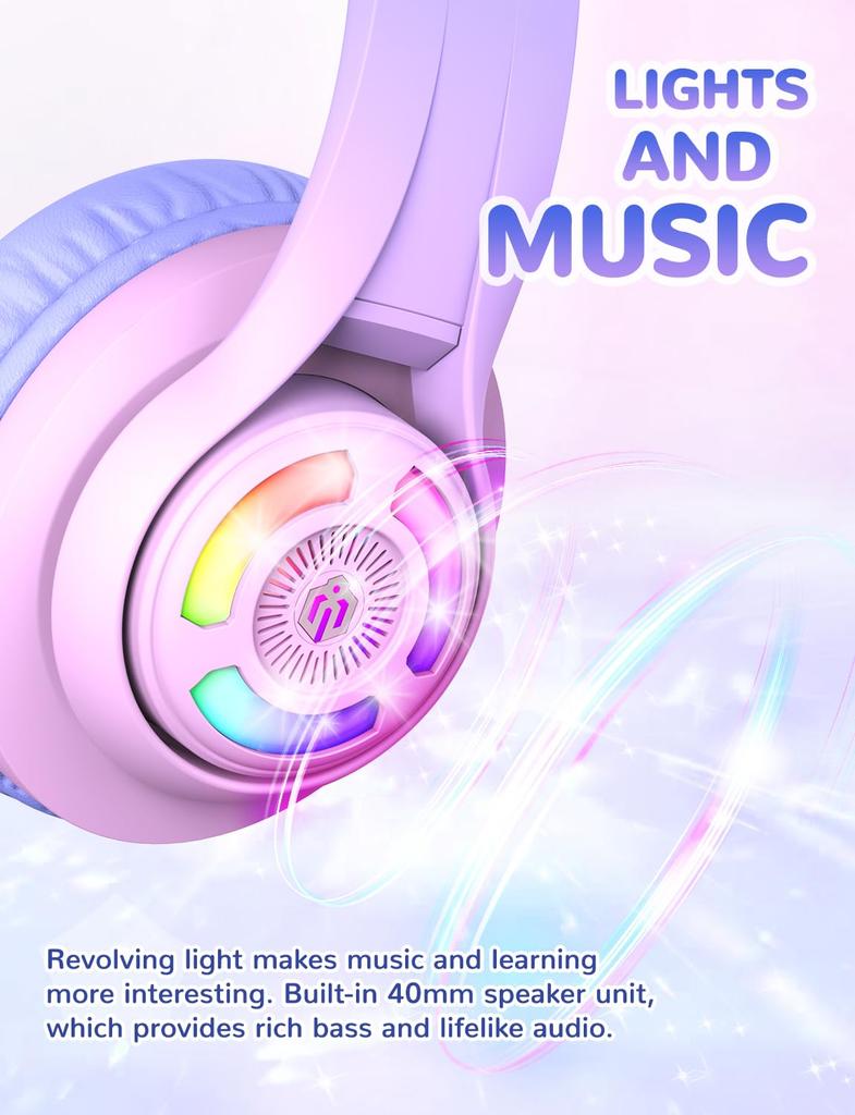iClever Kids' Bluetooth Headphones, Cat Ear LED Light-Up Wireless Kids Headphones with Volume Limiting (7485 dBA), 45 Hours of Playtime, and Mic for
