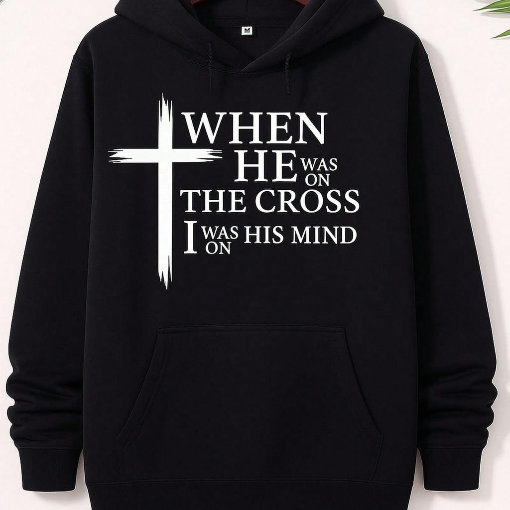Men Front Print Hoodie, White Cross When He Was On The Cross Bible Verse Graphic Hooded Sweatshirt, Christian Religious Casual Loose Pullover Hoodie