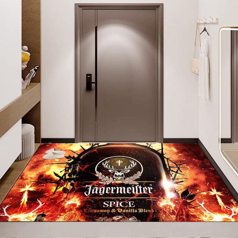 Tappeto Area Stampata Sfondo Fiamma Fuoco Logo Cervo Jagermeister Tappeto Decorazione Tappeto Pavimento Rettangolare Antiscivolo Marca Liquori Bar Stanza Giochi Man Cave