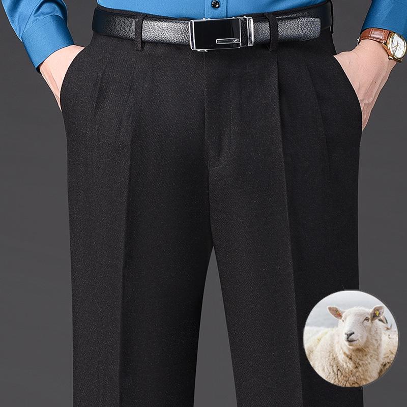 Herren Wollfleece-Hosen mit hohem Bund: Herbst/Winter, Doppelfalte, Lockerer Schnitt, Gerades Bein für mittleres und älteres Alter.