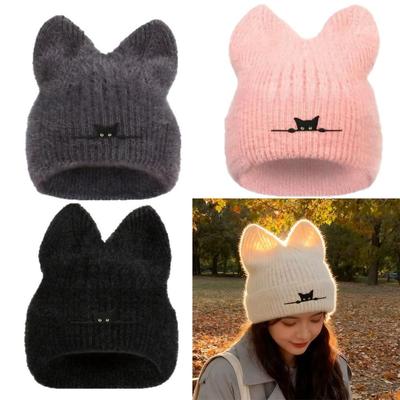 Creative Soft Knitted Cat Ear Beanies Thicken Windproof Warm Thermal Cap Cute Design Cartoon Cap Winter Season