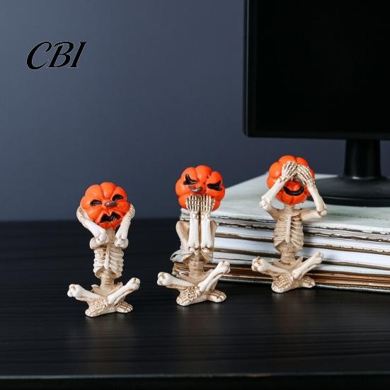 Resin Pumpkin Decor 3 Pcs Halloween Skeleton Statue, Hear See Speak No Evil Head Distressed Craft Figurine, Spooky Skull Ornament for Mantel,
