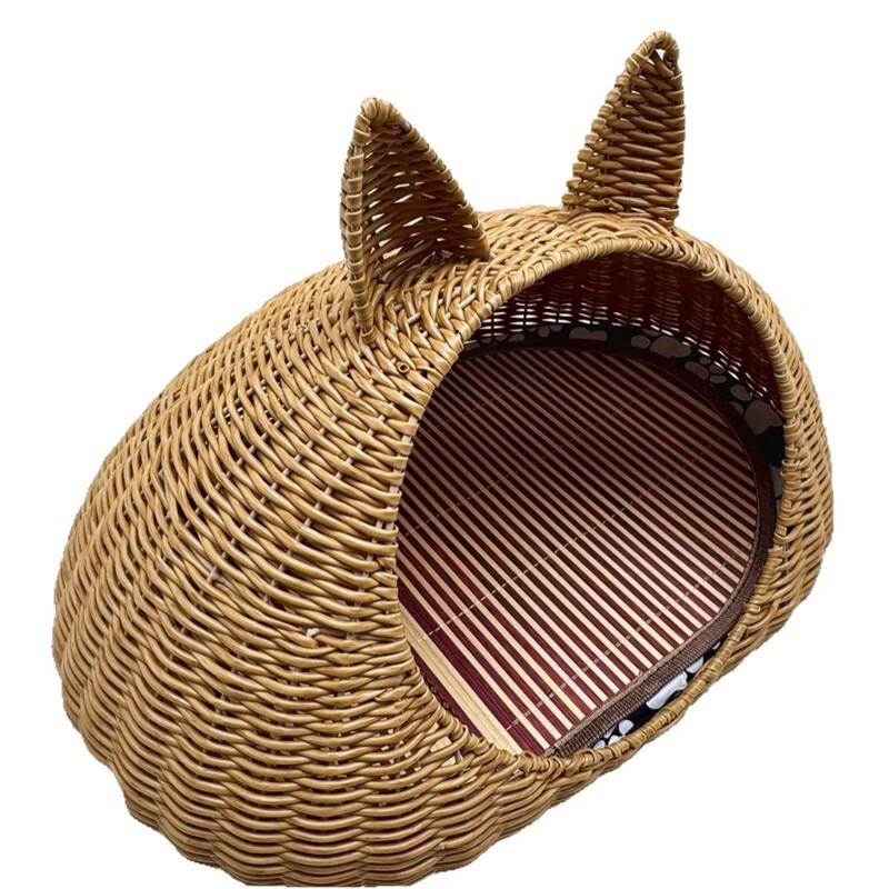 Washable All-Season Wicker Cat Ear Pet Bed