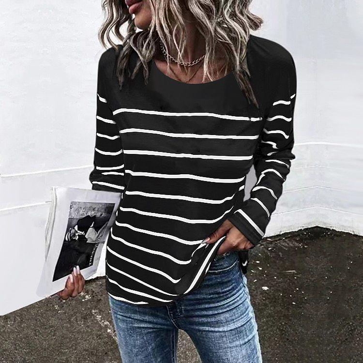 Spring and Autumn Round Neck 3D Stripe Printed Top Fashionable Casual Minimalist Long Sleeved Women's T-shirts