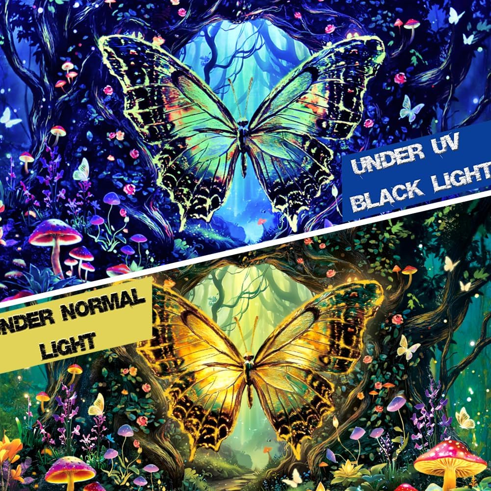 Galoker Blacklight Butterfly Tapestry Fantasy Forest Tree Tapestry UV Reactive Plant Floral Wall Tapestries Neon Tree of Life Tapestries Wall Hanging
