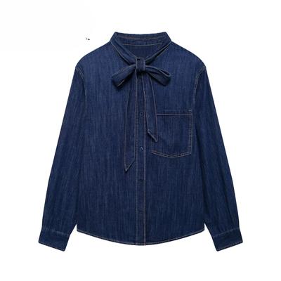 Πρωτότυπο Φθινοπωρινό και Χειμερινό Γυναικείο Casual Τζιν Πουκάμισο Μακρυμάνικο με Φιόγκο, Τσέπη Μπαλωματάκι στο Στήθος, Μόδα
