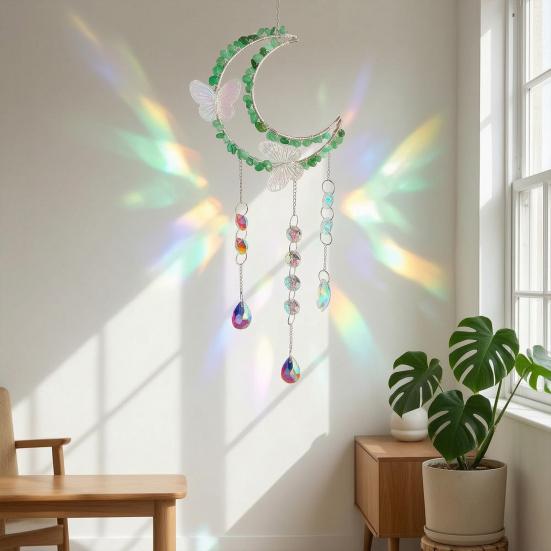 Crystals Suncatcher, Hanging Moon Butterfly Sun Catcher with Glass Prisms for Windows, Healing Crystal Decor for Home, Gift for Christmas Birthday