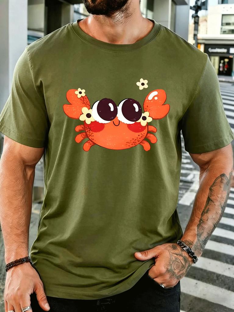 Unisex Short Sleeve T Shirt Cute Crab With Flowers Graphic Tee Sea Animal Print Tops Summer Soft Casual Street Wear For Adult Male