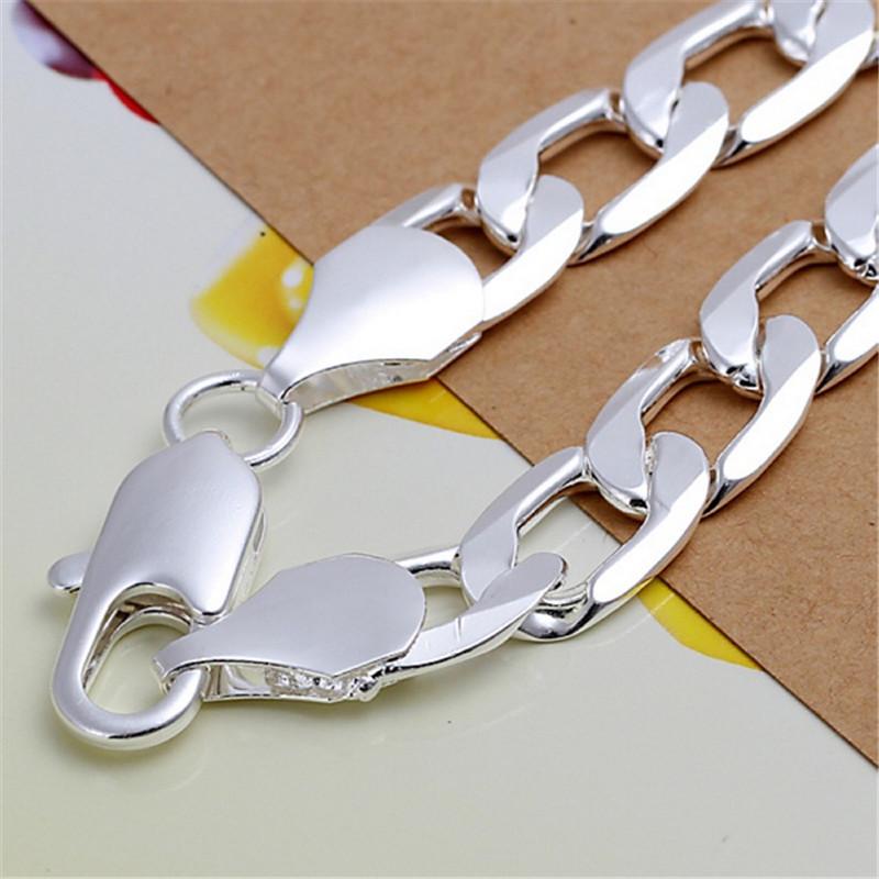 Noble 925 Sterling silver solid bracelet 12MM chain women Men Silver Jewelry fashion beautiful hot Figaro ChainGood product