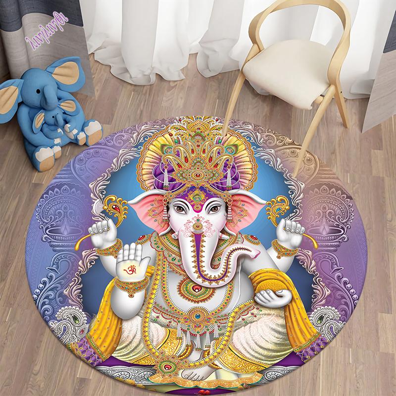 Auspicious Elephant Circular Carpet Home Decoration Bedroom Area Soft Flannel Mats Bohemian Style Room Decoration Carpet