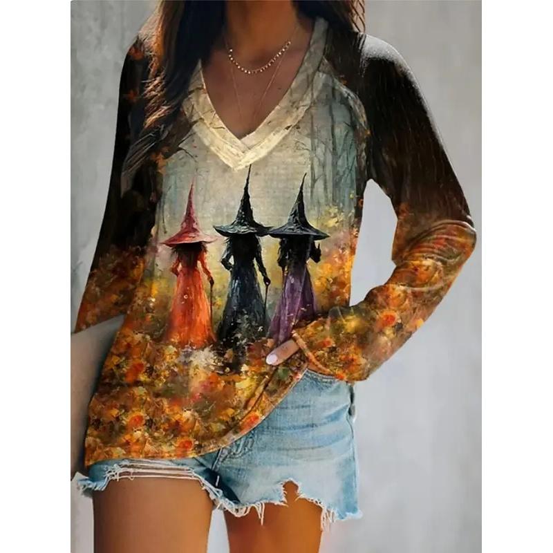 2025 Halloween Dámská trička Grafická Čarodějnice Elegantní Vintage Trička Trička s dlouhým rukávem Výstřih do V Běžné Topy Ležérní Pulovr