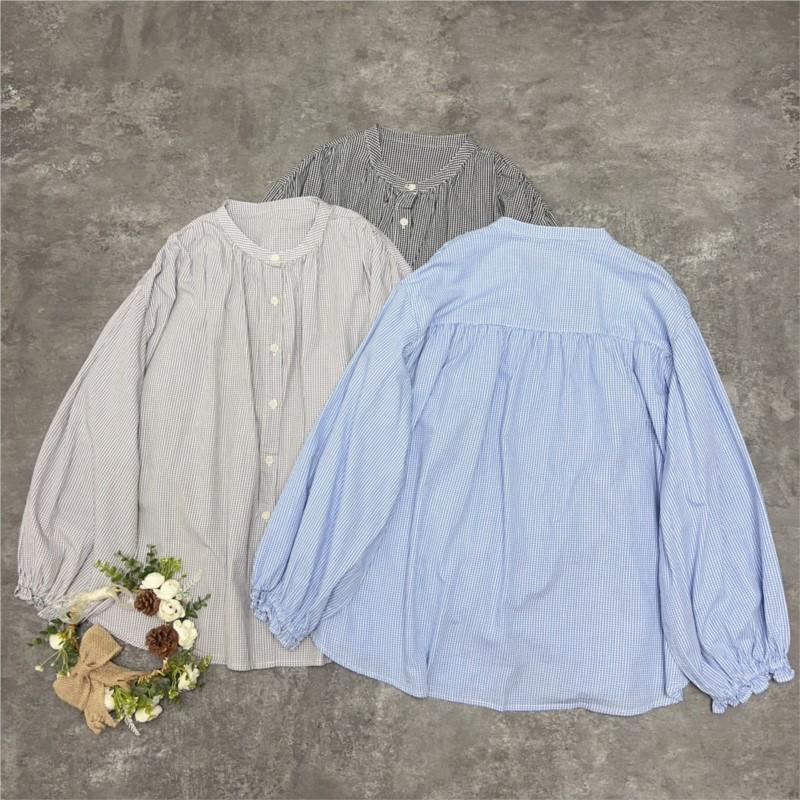 Johnature Japanese Plaid Cotton Shirt Autumn  Forest Literary Round Neck Single-breasted Long-sleeved Versatile Tops Women