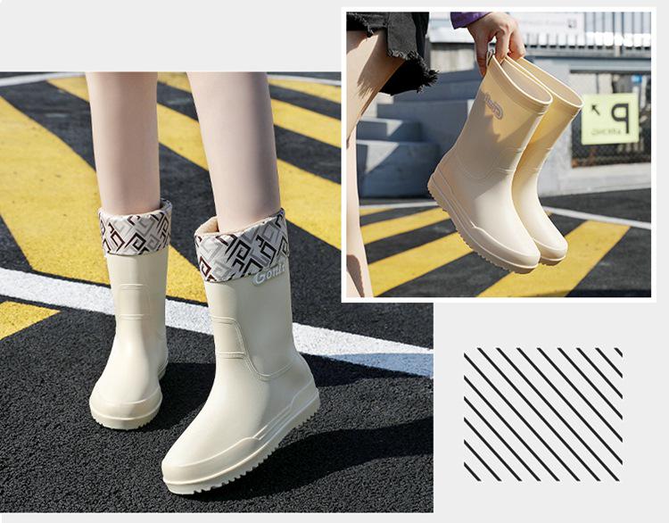 Women's Mid-Calf Fashion Waterproof Rain Boots, Thick-Soled Non-Slip, Wear-Resistant, Plus Velvet for Warmth