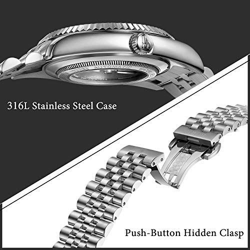 BUREI Men's Automatic Watch, Waterproof, Analog, Mechanical, Silver, Popular, Business, Date Display, Simple, Casual, Luminous Design