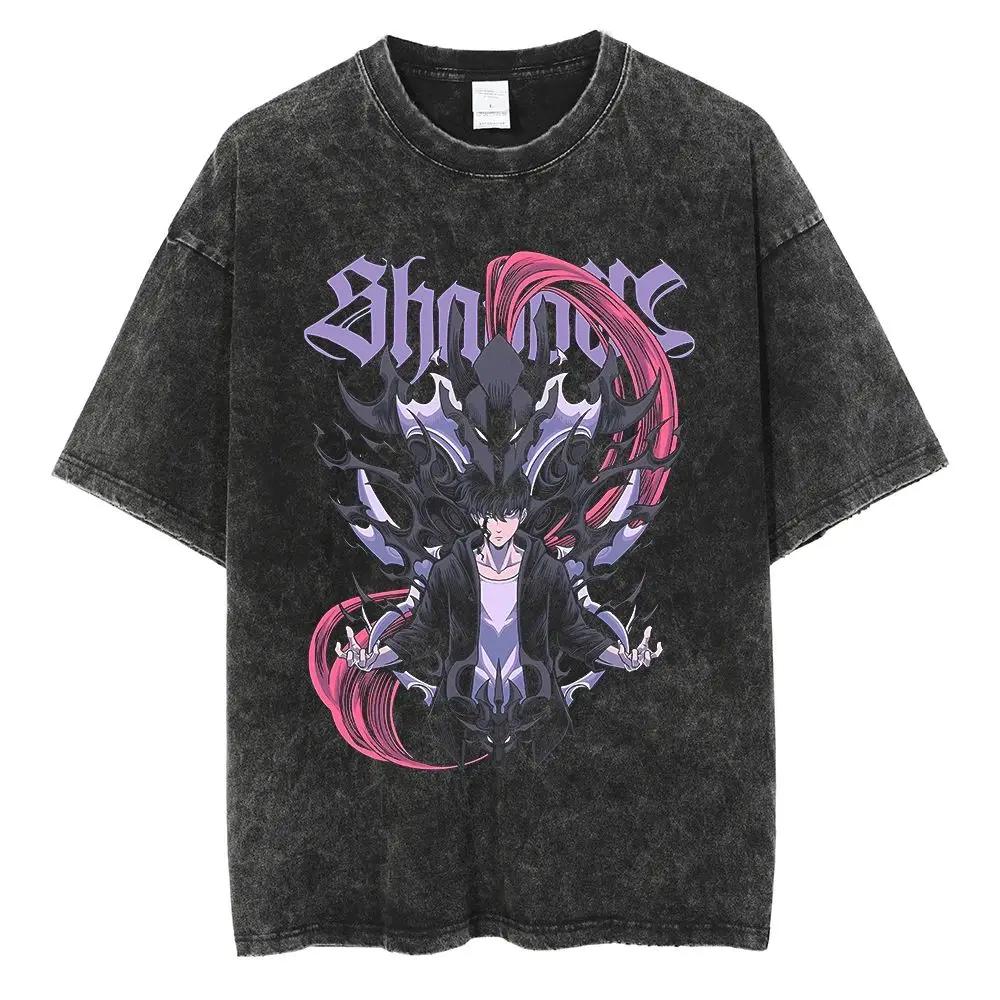 Hot Summer Anime Solo Leveling Sung Jin Woo Print T-shirt Women High Quality Washed Cotton T-shirts Harajuku Plus Size T Shirt