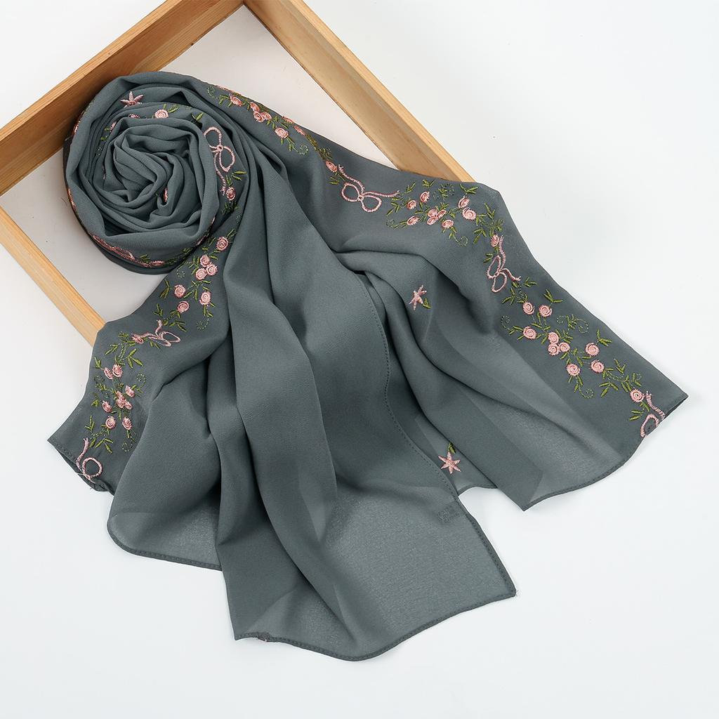 Woman Muslim Chiffon Hijab Scarf Ramadan Long Shawl Floral Embroidery Fashion Islam Solid Turban Headscarf Headwrap170*70cm