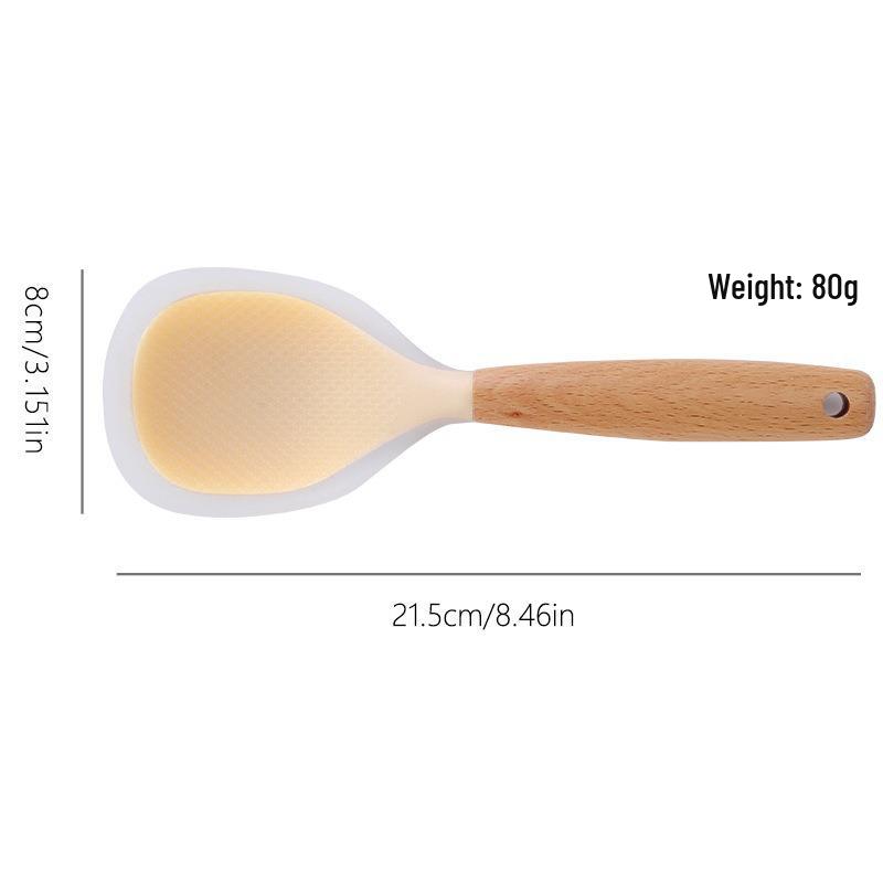 Kitchen Silicone Rice Spoon with Wooden Handle - Non-Stick, Heat-Resistant, Stand-Up Hanging Design