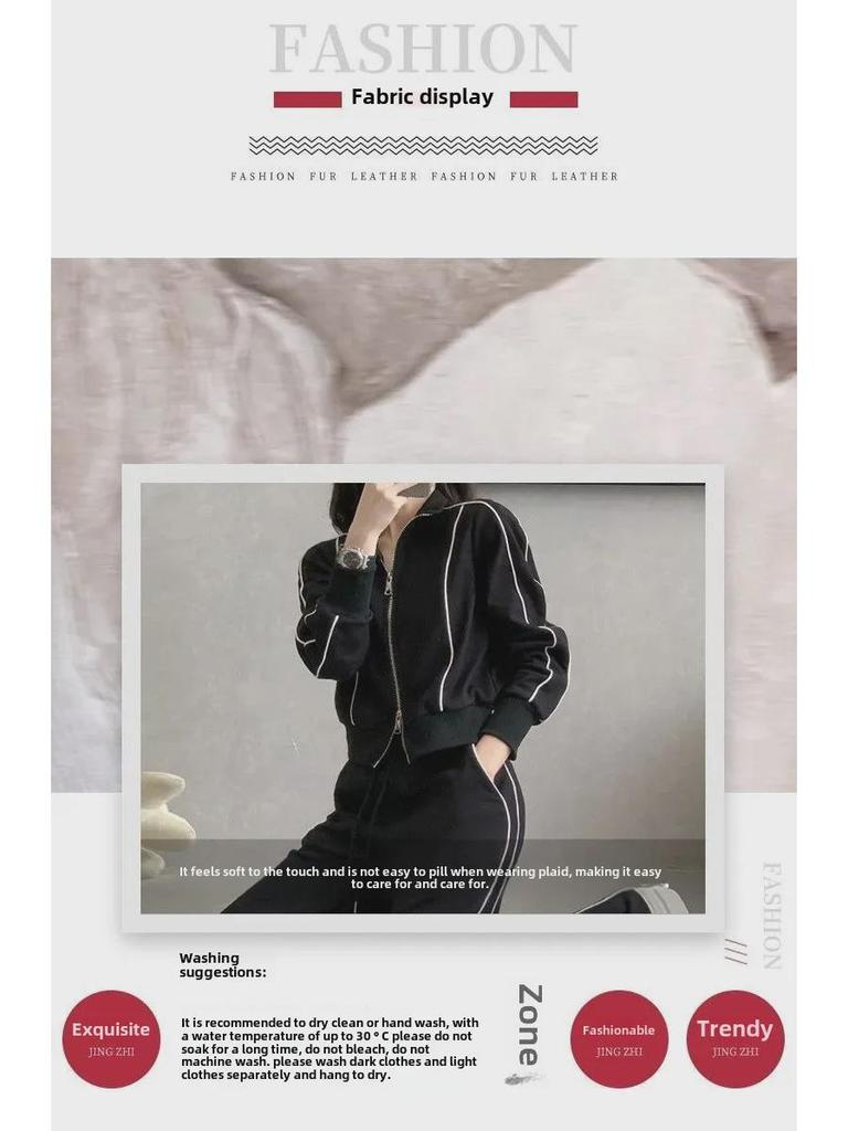 Americký styl Trendy Dámská Slim Fit Bunda na zip a Kalhoty se širokými nohavicemi Dvoudílný oblek na podzim a zimu