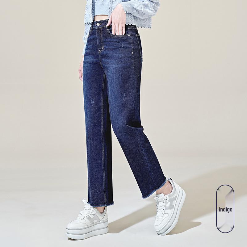 Elastic High Waist Raw Hem Straight-Leg Blue Jeans for Women - Summer 0001 29 индиго