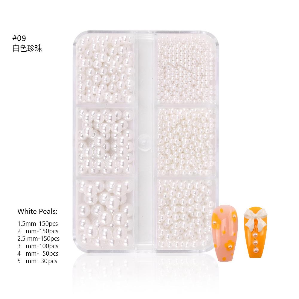 6-Grid Nail Art Pearl Ab Symphony Semicircle Abs Pearl Small Steel Ball Mixed Nail Jewelry