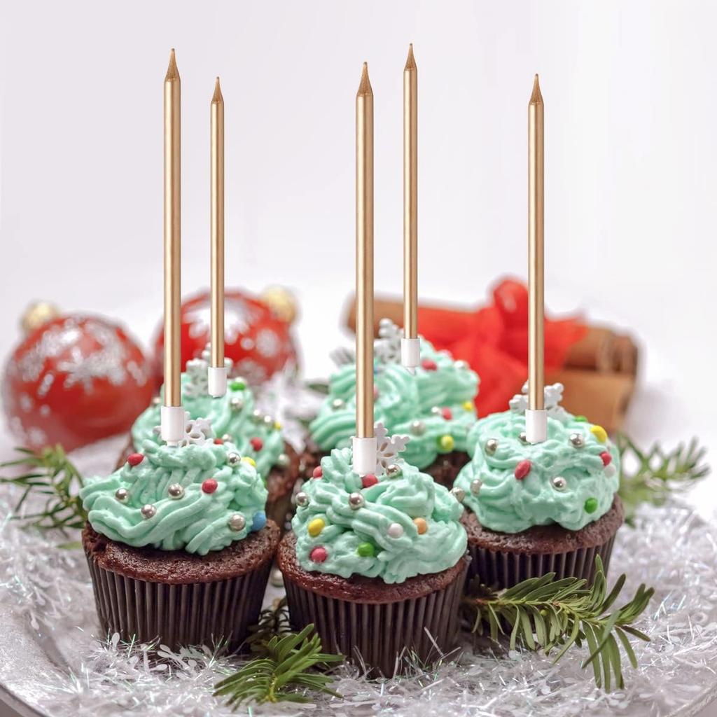 30pcs Count Party Long Thin Cake Candles Metallic Birthday Candles in Holders for Birthday Cakes Cupcake, Champagne Gold