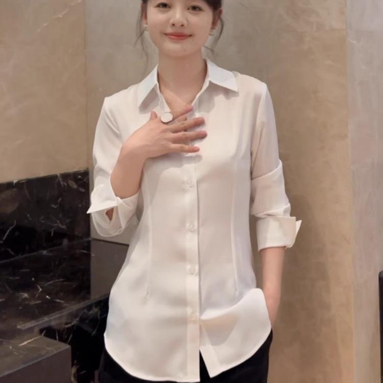 Acetate Satin White Women's Waist-Cinched Shirt - French Slim-Fit Spring & Autumn Design, Light Luxury.