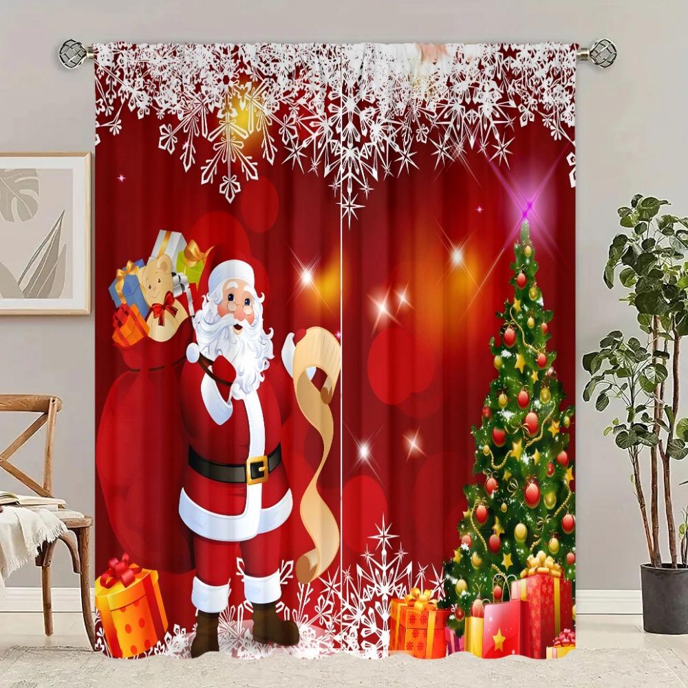 2 Pieces of Santa Claus Christmas Tree Printing Curtain - Polyester Material - Suitable for Bedroom Living Room Study Room Priva