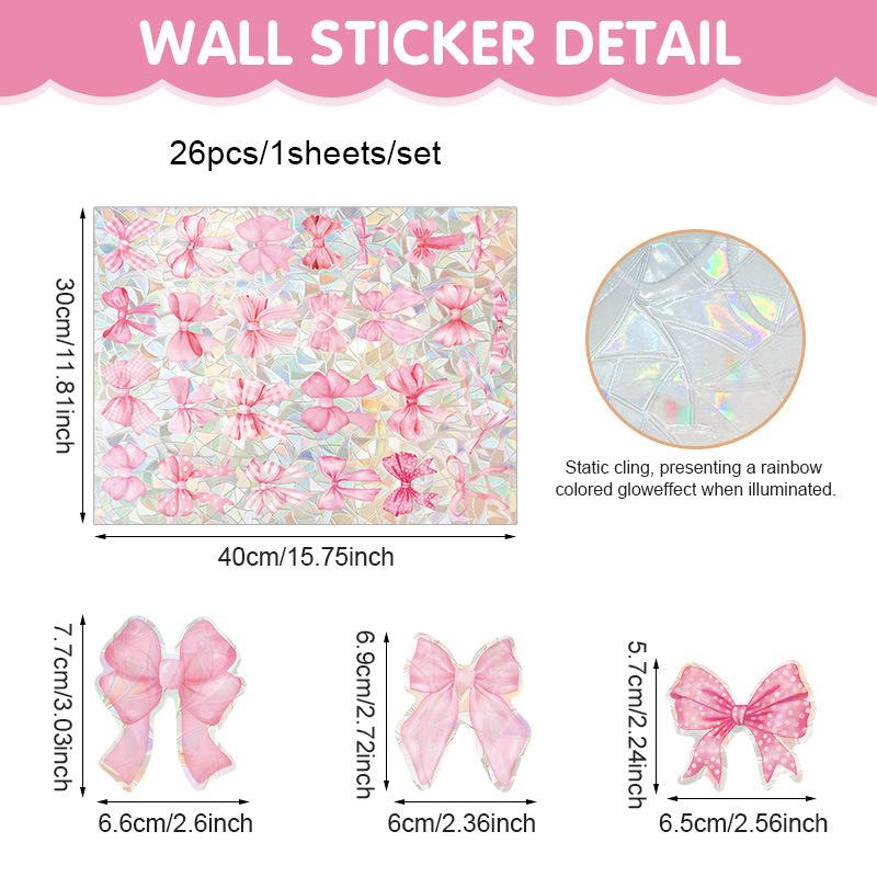 Pink Bow Holographic Window Stickers, Boho Iridescent Glass Decals for Girls Bedroom, Rainbow Window Clings for Bedroom and Shop Window Decor