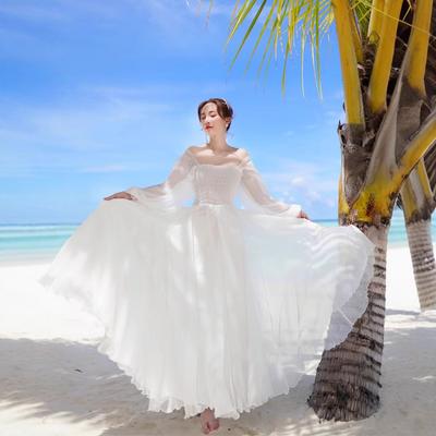 Gentle Wind Dress Fairy Super Fairy High-end French Temperament Seaside Vacation White One-word Shoulder Long-sleeved Long Dress