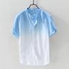 Short-sleeved Shirt Linen Cool Breathable Comfortable Gradient Blue Hawaiian Beach Men's Cardigan Shirt