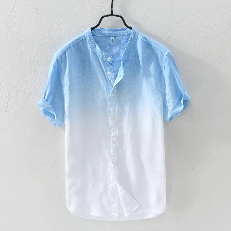 Short-sleeved Shirt Linen Cool Breathable Comfortable Gradient Blue Hawaiian Beach Men's Cardigan Shirt
