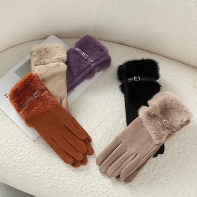 Women's Winter Suede Gloves with Fur Cuffs Soft Warm Touchscreen Cycling Gloves Ladies Fleece Lined Windproof Gloves for Cold Weather